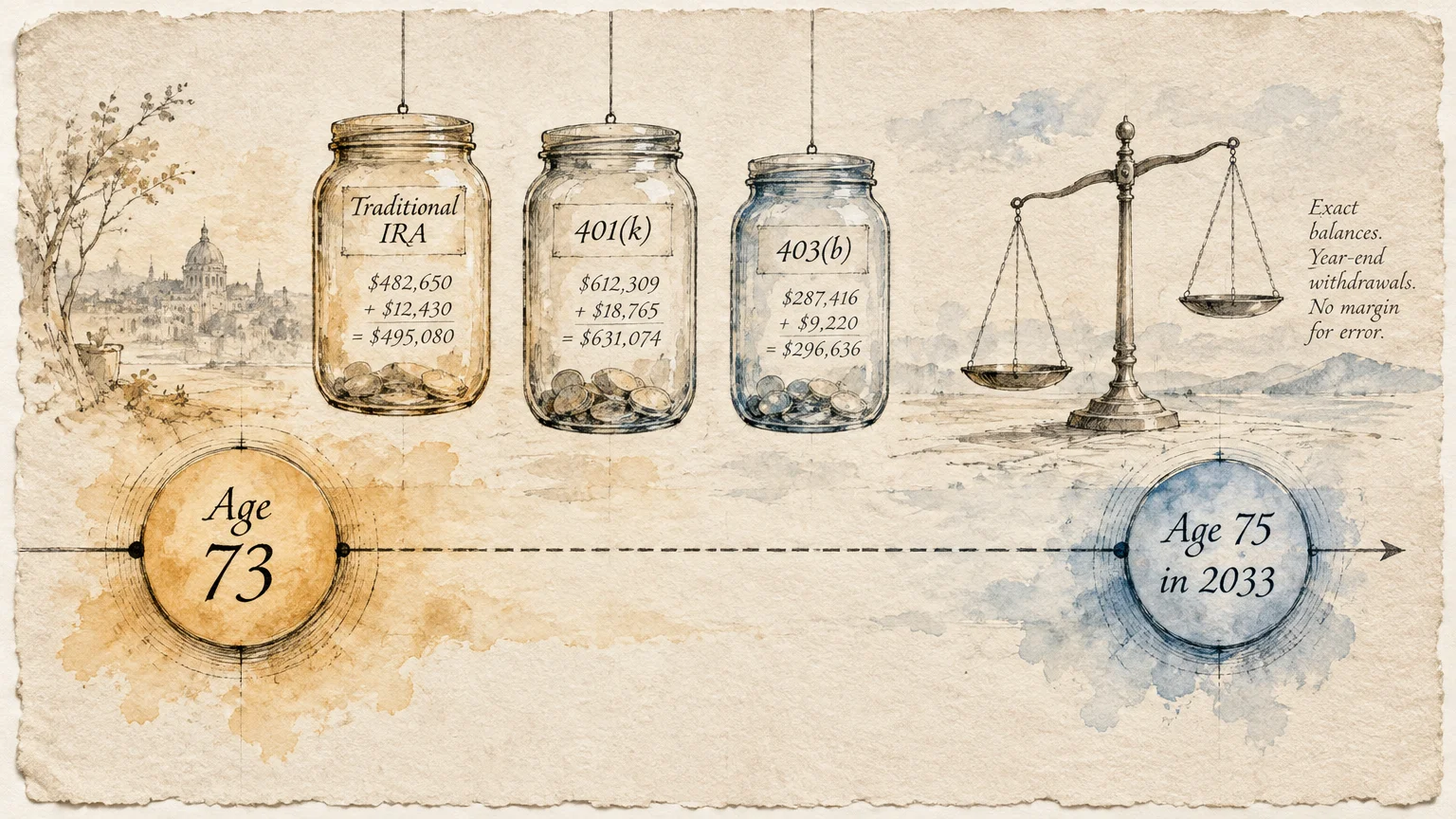 Three labeled savings jars hang beside a balance scale above a timeline connecting Age 73 to Age 75 in 2033.