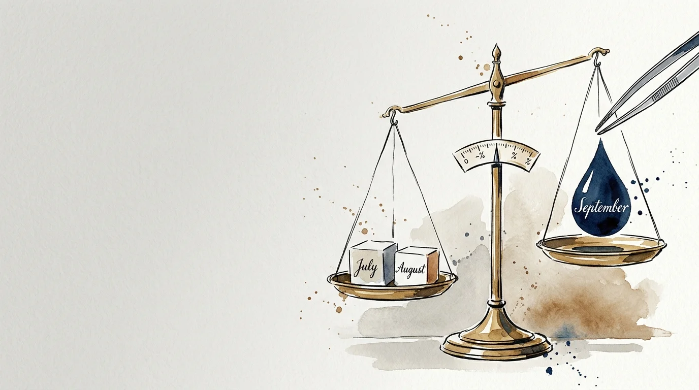 Ink and watercolor illustration of a balance scale with July and August cubes weighed against a September droplet.