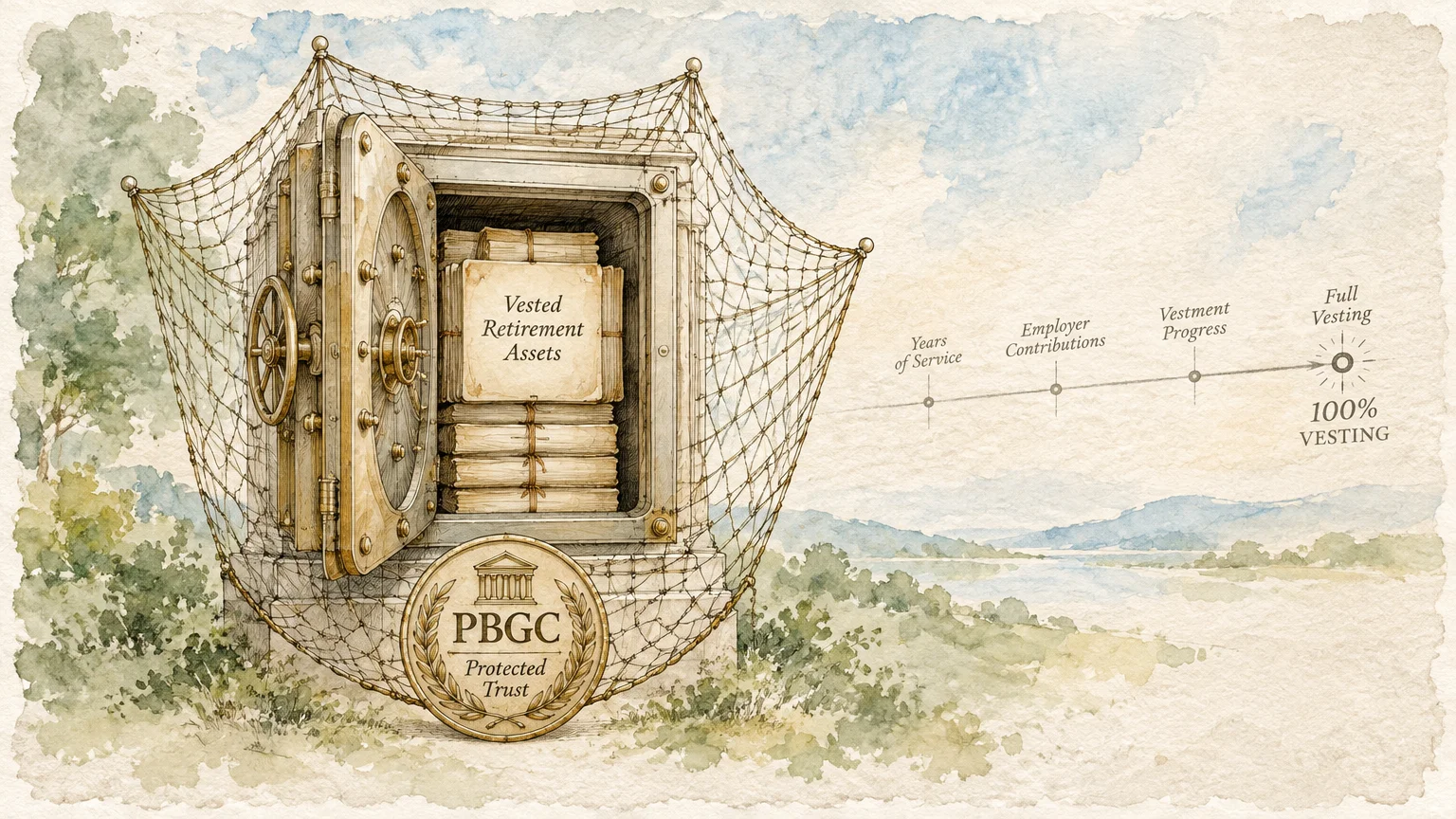 Watercolor of an open vault holding vested retirement assets, covered in netting with a PBGC seal and vesting timeline.
