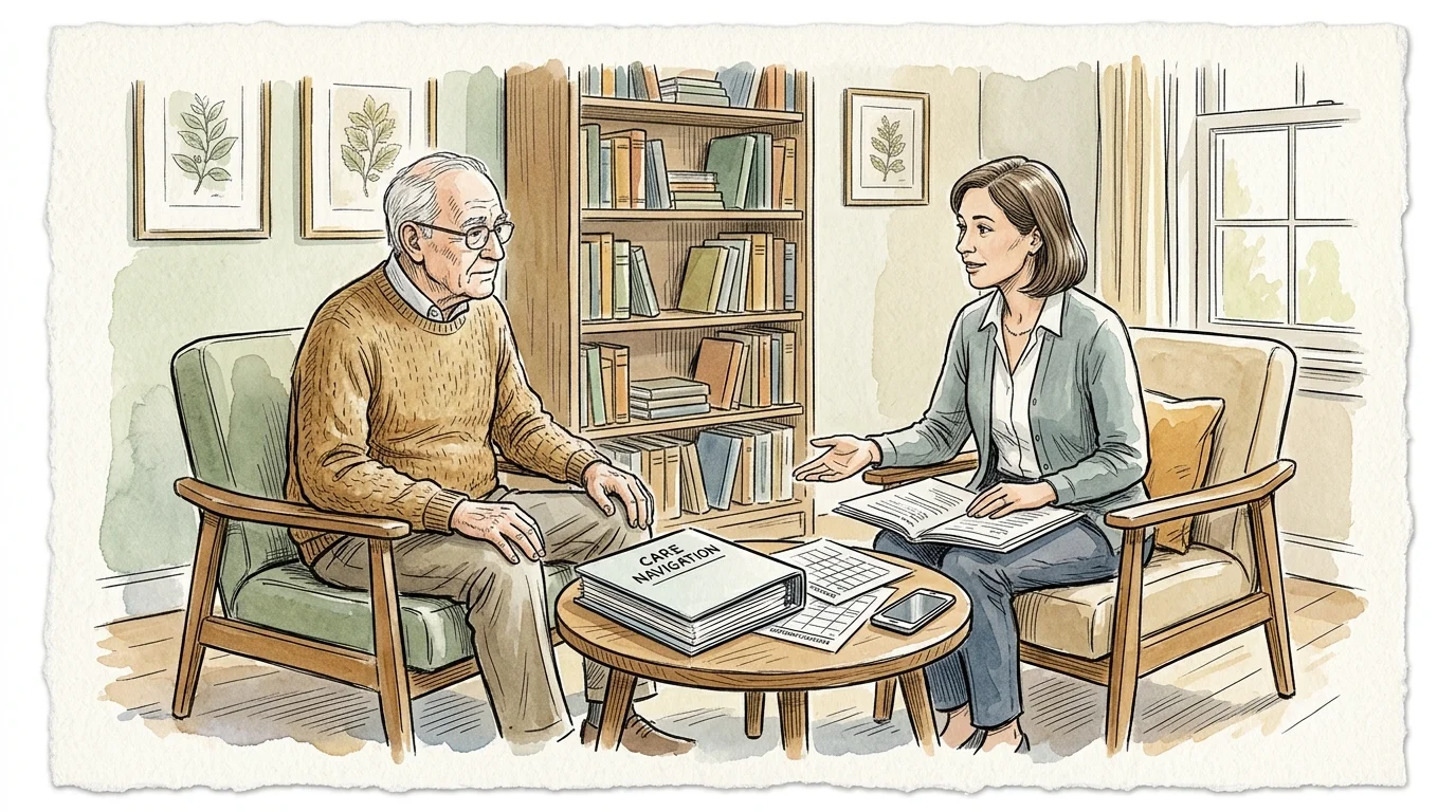 Watercolor of a woman consulting an older man in armchairs with a care navigation binder on a coffee table.