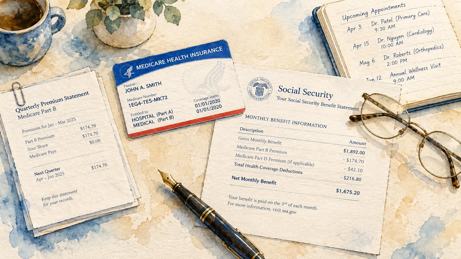 Illustration of a Medicare card, Social Security benefit statement, glasses, pen, and notebook on a desk.