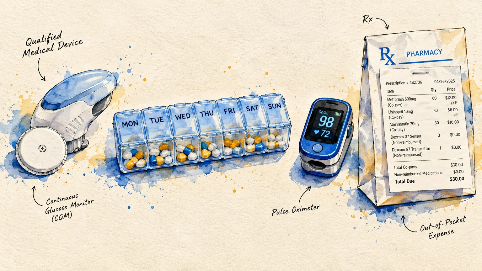 Glucose monitor, weekly pill organizer, pulse oximeter, and paper pharmacy bag with receipt.