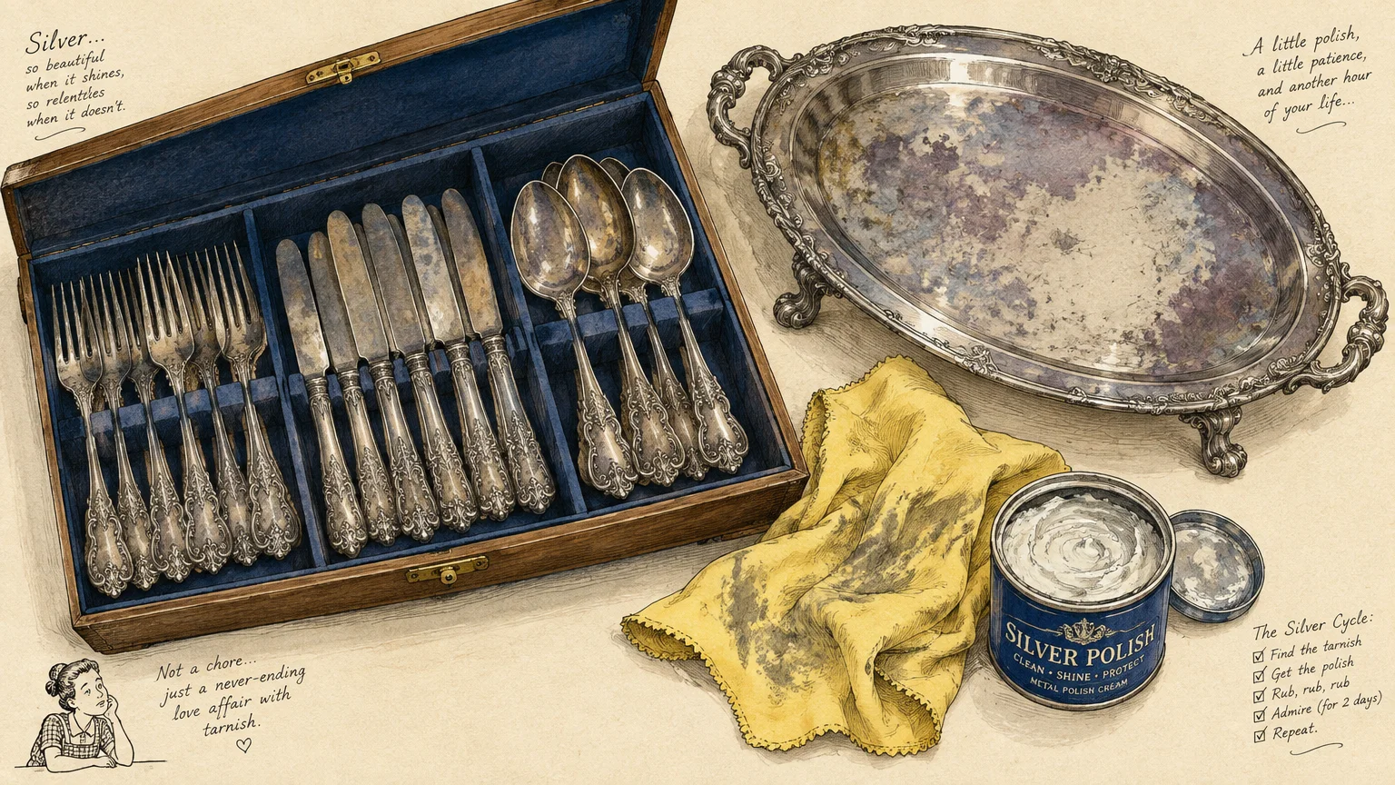 Illustration of tarnished flatware in a wooden chest beside an ornate silver tray, yellow cloth, and can of silver polish.