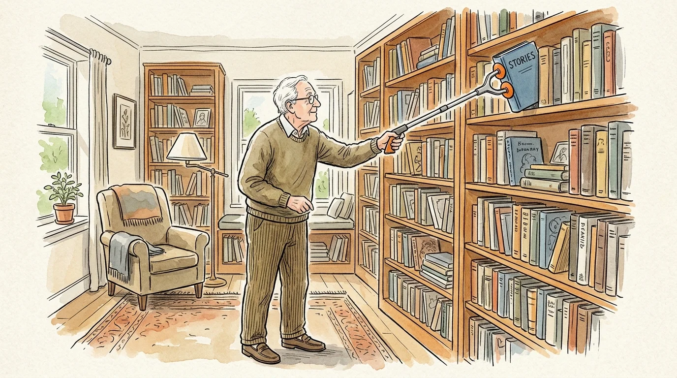 Illustration of an elderly man using a reaching grabber tool to retrieve a book from a high bookshelf.