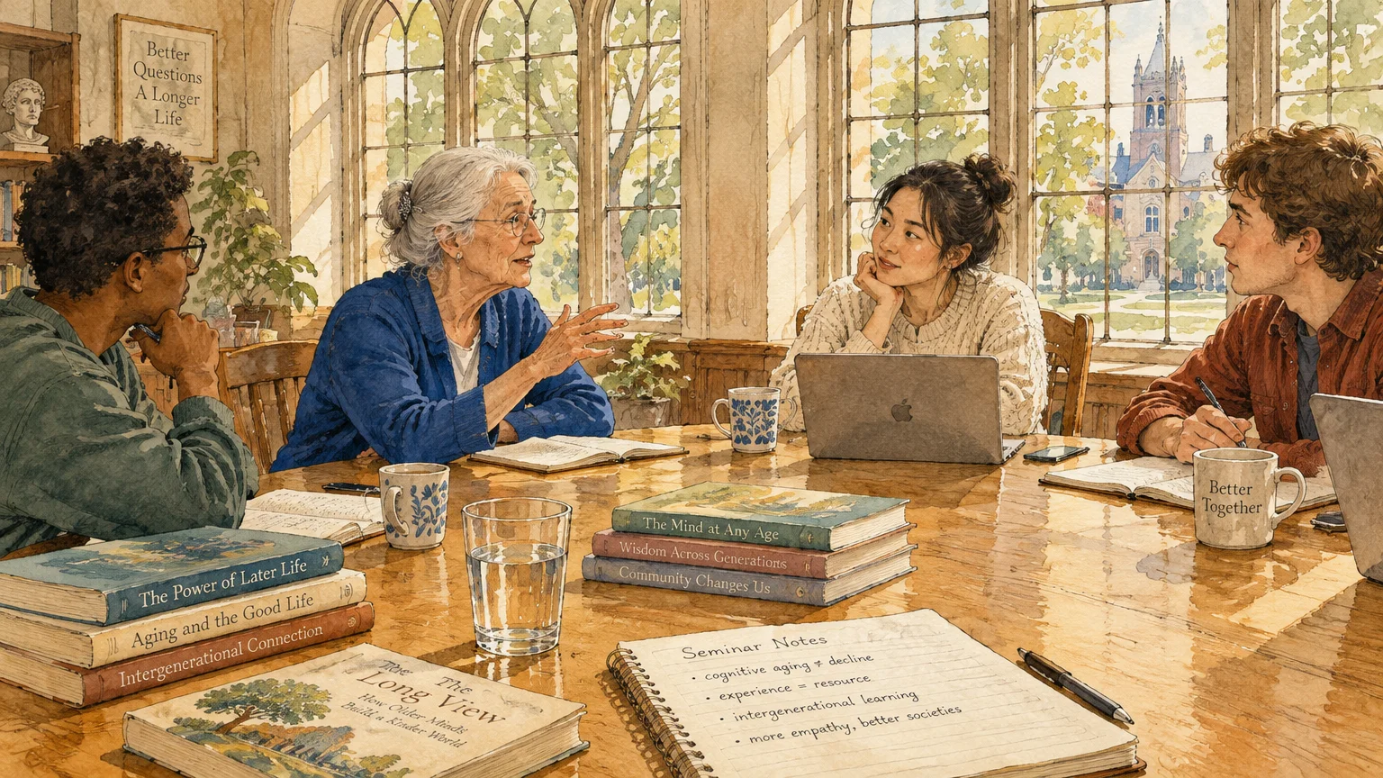 Illustration of a senior woman speaking with three young adults around a seminar table lined with books and notes.