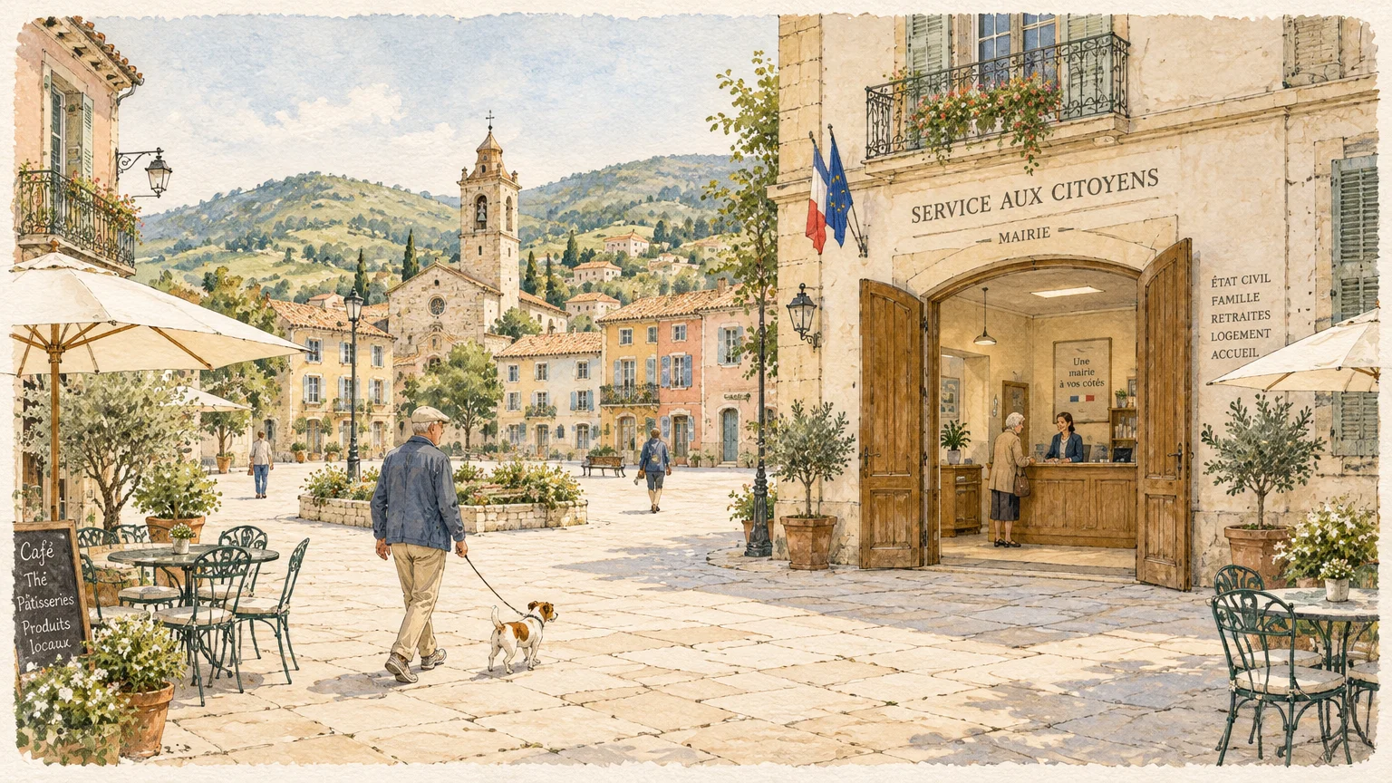 Watercolor illustration of a sunlit European town square with an open municipal service office and outdoor café seating.