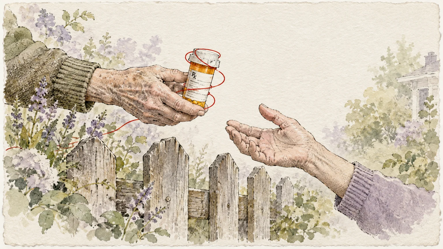 Illustration of two hands exchanging a prescription pill bottle wrapped in red thread over a wooden garden fence.
