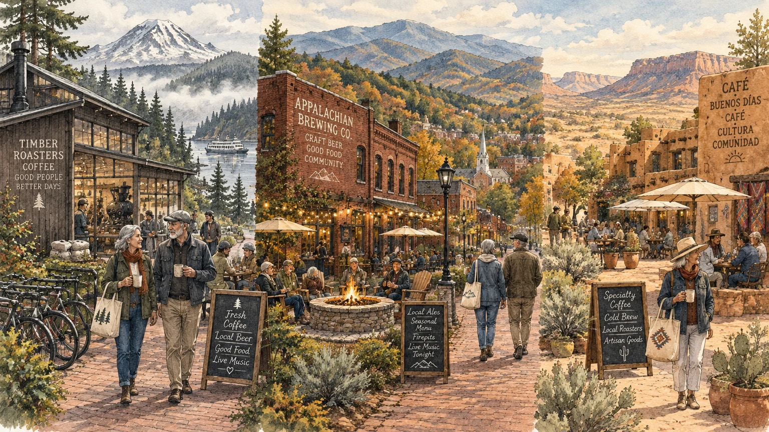 Illustration of three regional scenes showing cafes, breweries, and outdoor seating set against mountain landscapes.