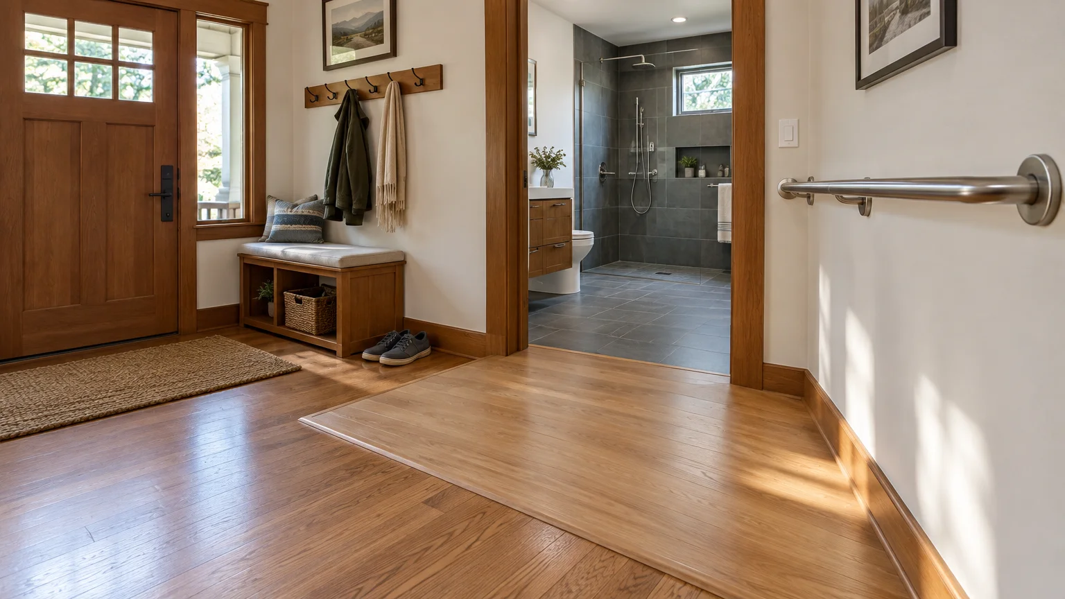 Home entryway featuring an interior wooden ramp transition, a wall handrail, and a wide doorway to an accessible bathroom.