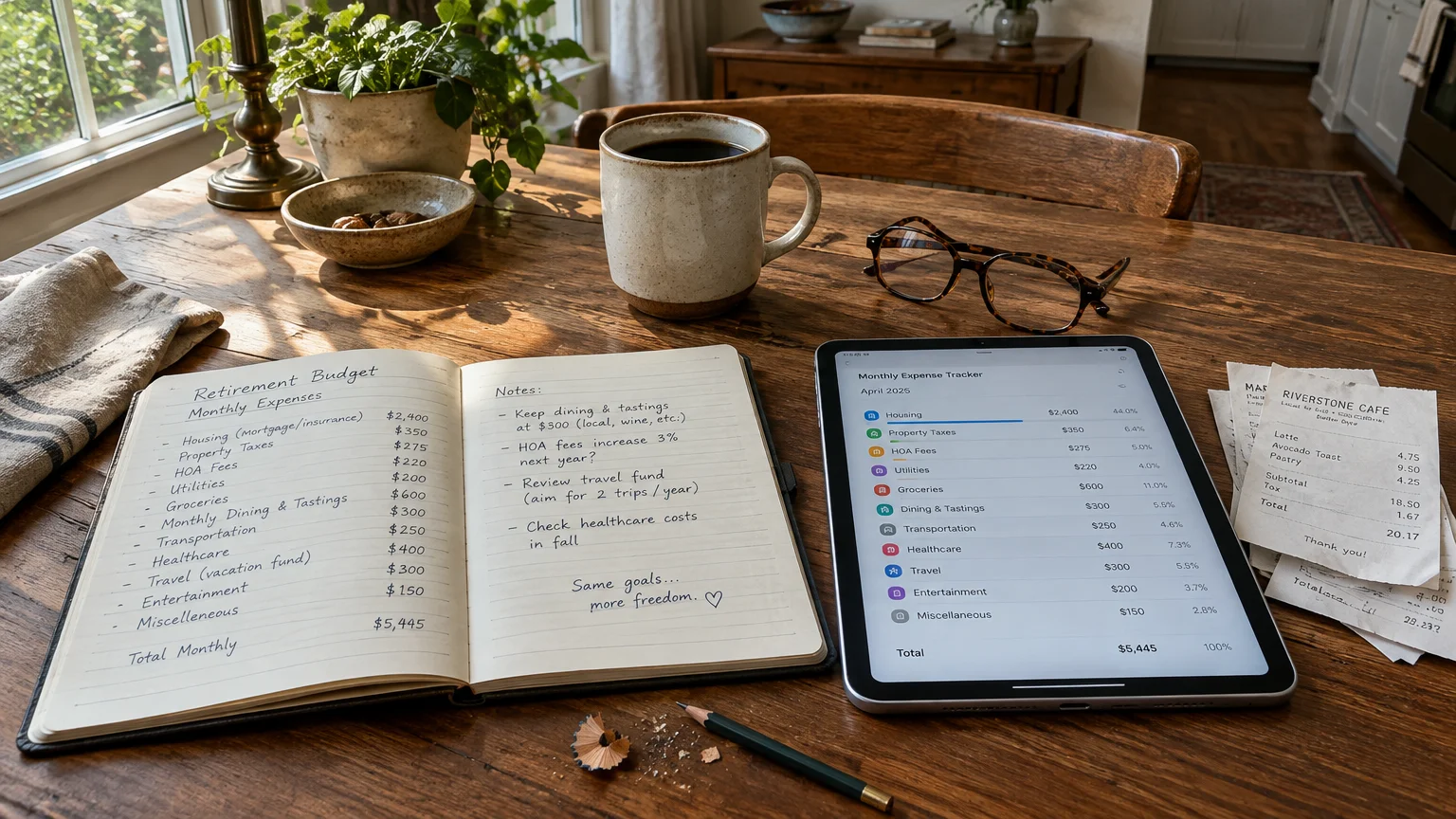 Wooden table with a handwritten retirement budget notebook, digital expense tracker on a tablet, coffee mug, and receipts.
