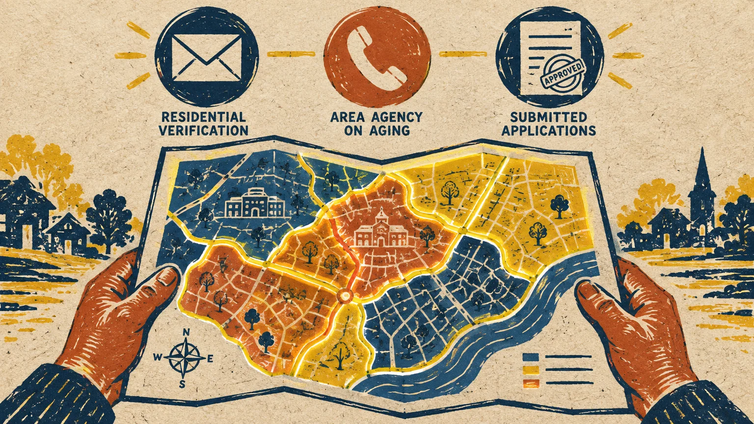 Hands holding a colorful map of districts below icons for residential verification, an agency phone, and applications.