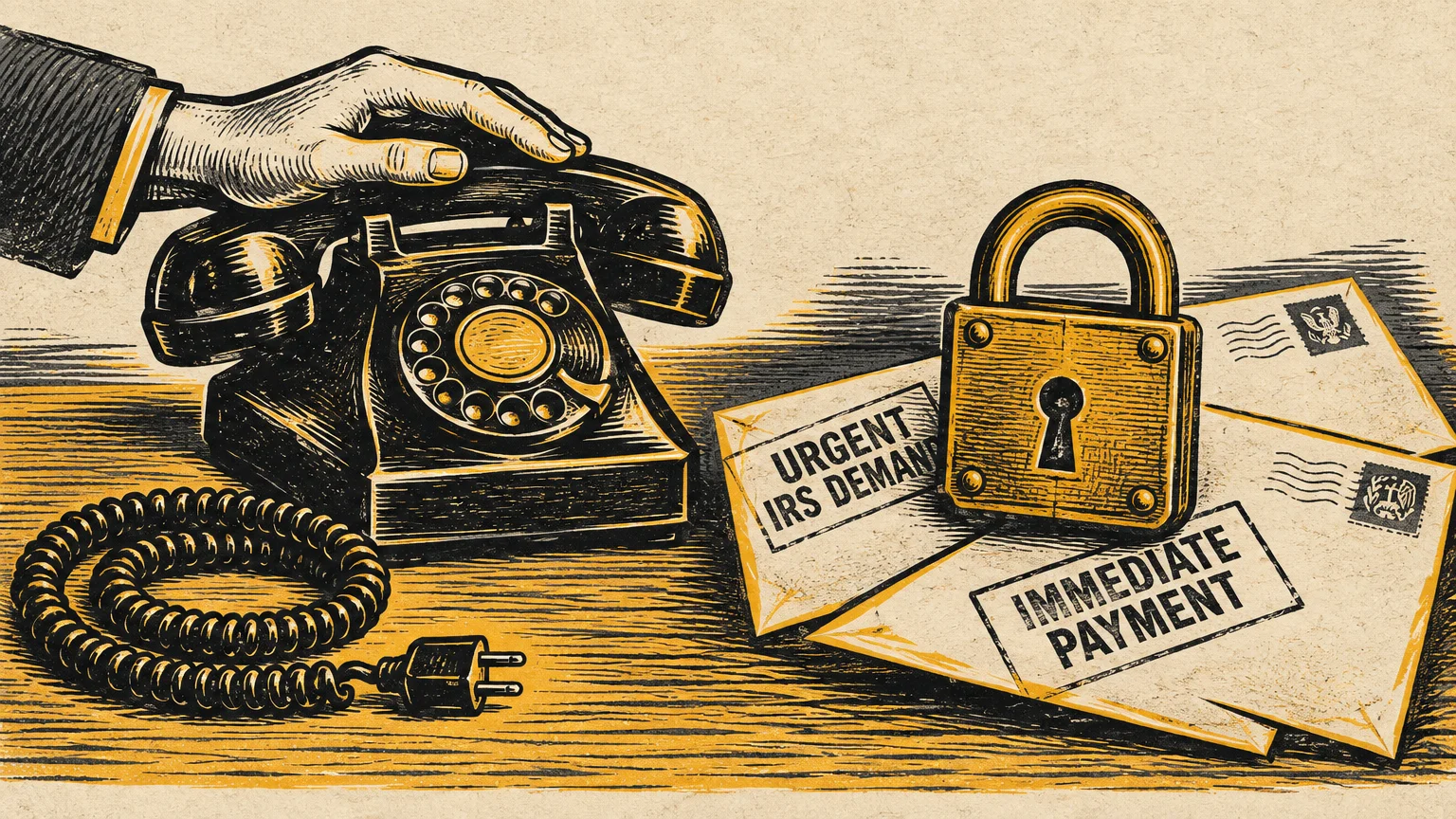 Vintage illustration of a hand resting on a rotary phone beside a brass padlock and urgent IRS demand envelopes.