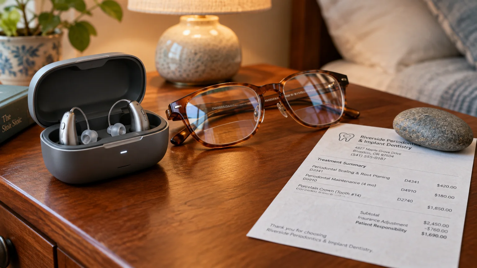 Hearing aids in a charging case, tortoiseshell eyeglasses, and an itemized dental bill rest on a wooden nightstand.