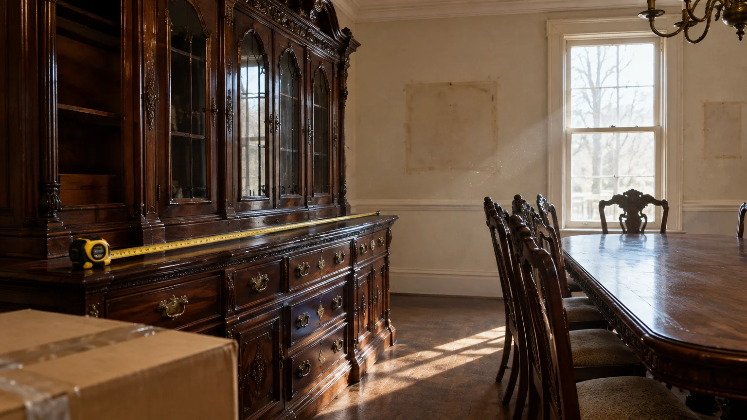 A massive antique wood china cabinet being measured with tape in an empty dining room with a large table and chairs.