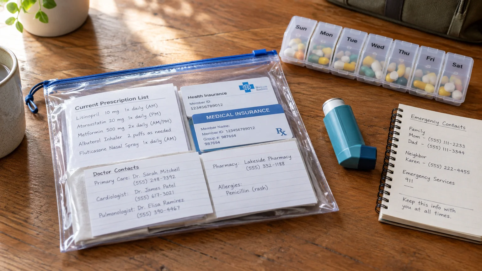 Clear zippered pouch with insurance cards, prescription list, doctor contacts, beside an inhaler, pill organizer, and notepad.