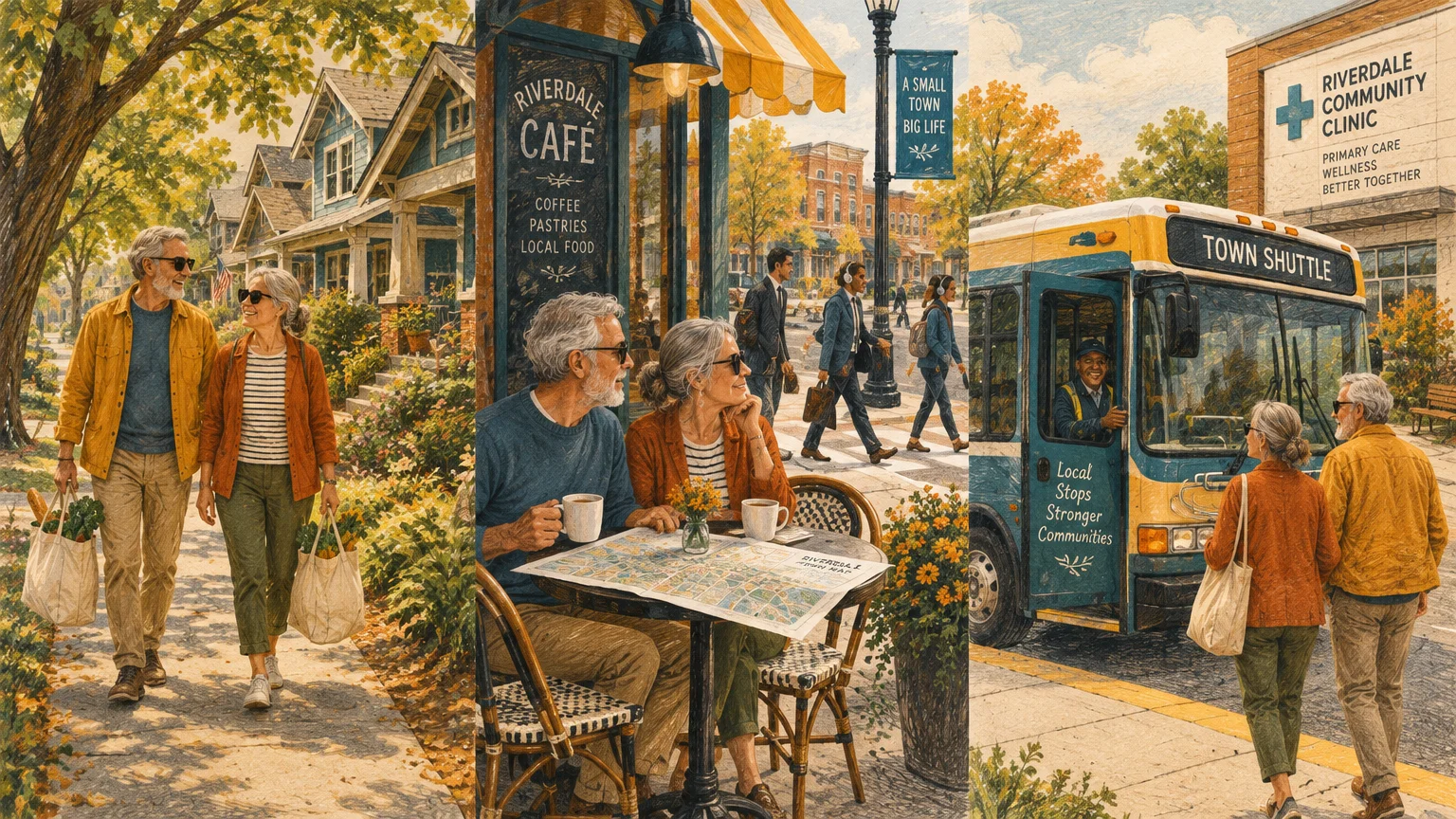 Three-panel illustration of a senior couple carrying groceries, sitting outside a café, and boarding a town shuttle bus.