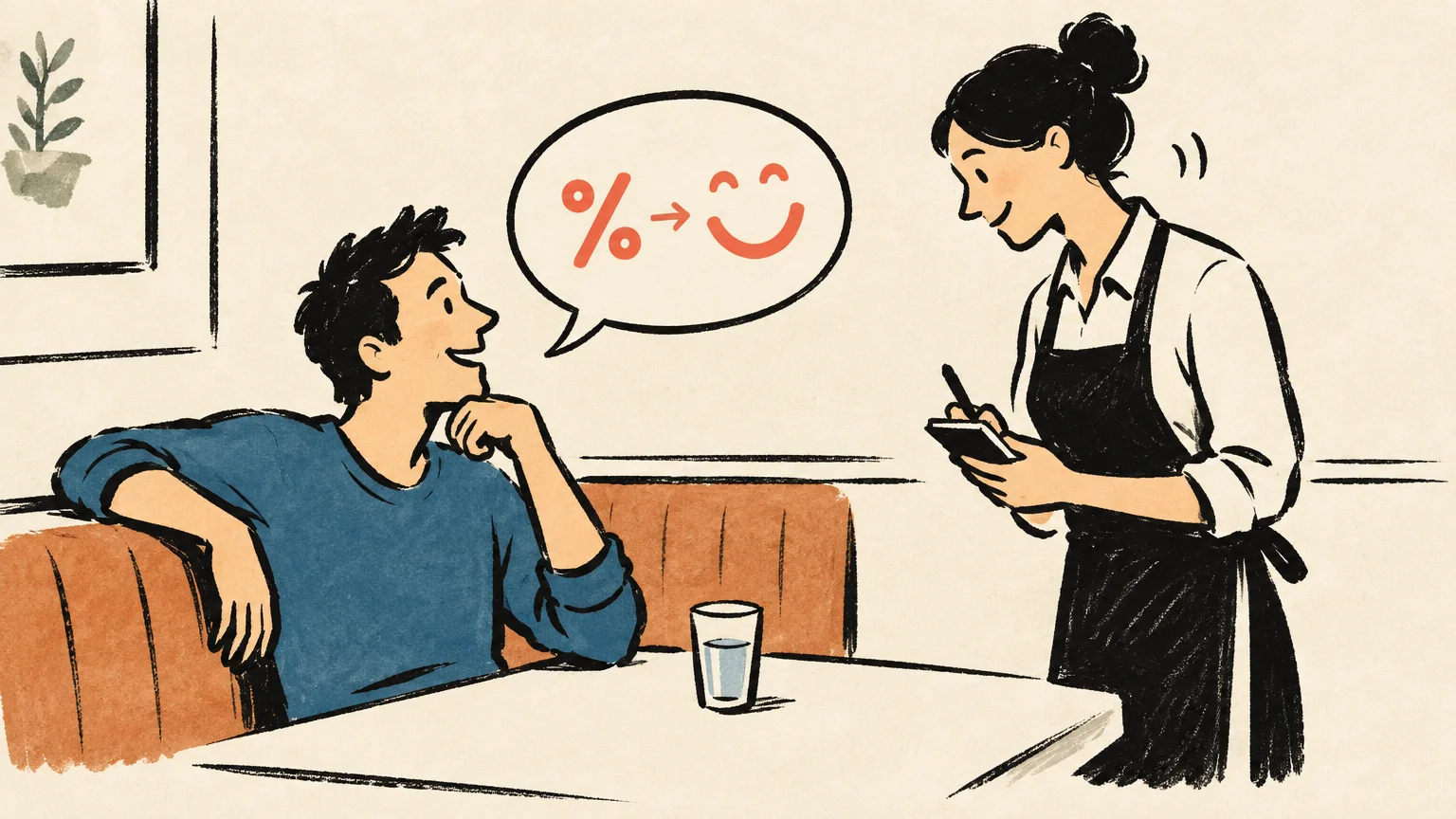 A man seated in a diner booth speaks to a waitress, with a speech bubble showing a percent sign pointing to a smiley face.