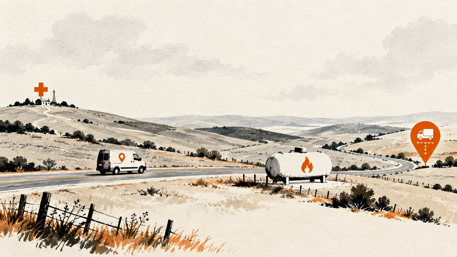 Illustration of a van driving through rolling rural hills past a propane tank with orange map markers and icons.