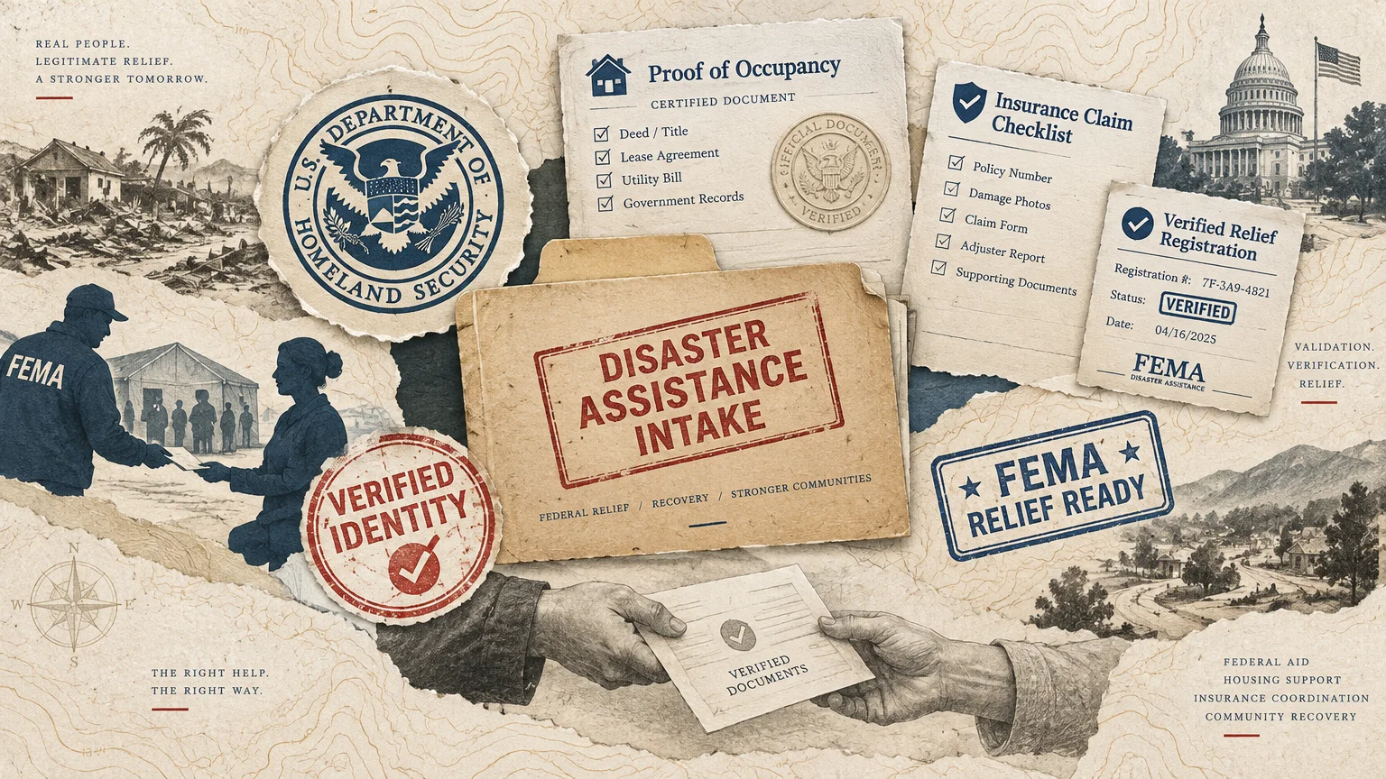 Collage featuring disaster assistance documents, intake folders, FEMA stamps, and hands exchanging verified paperwork.