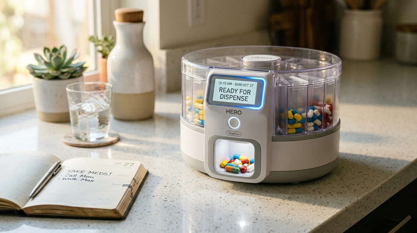 Automatic pill dispenser on a kitchen counter dispensing colorful capsules next to a glass of water and notebook.