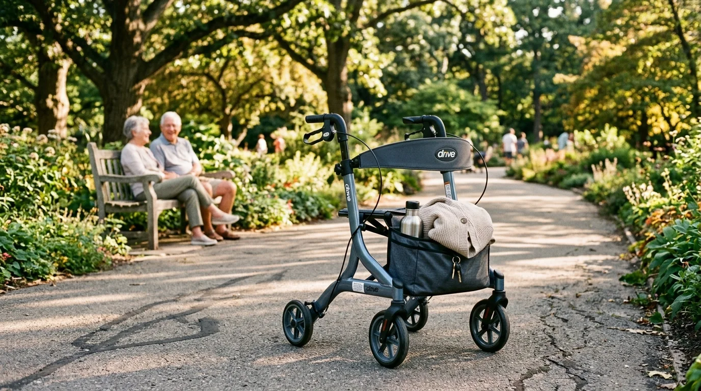 Four-wheeled rollator walker parked on a path in a sunny park with an elderly couple resting on a bench nearby.