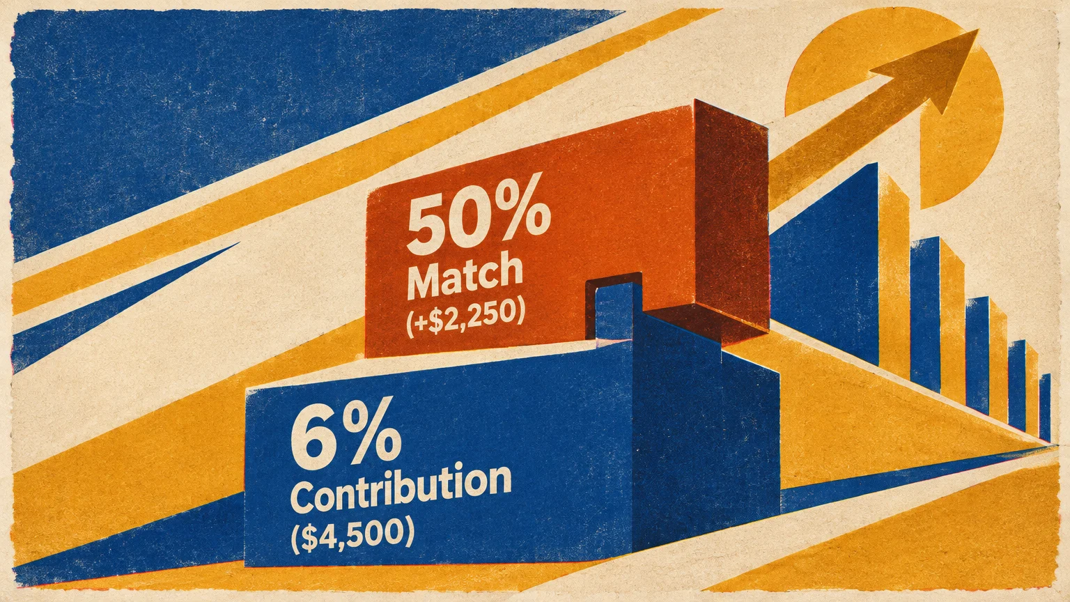 Retro illustration showing interlocking blocks labeled 6% Contribution and 50% Match beside a rising bar chart.