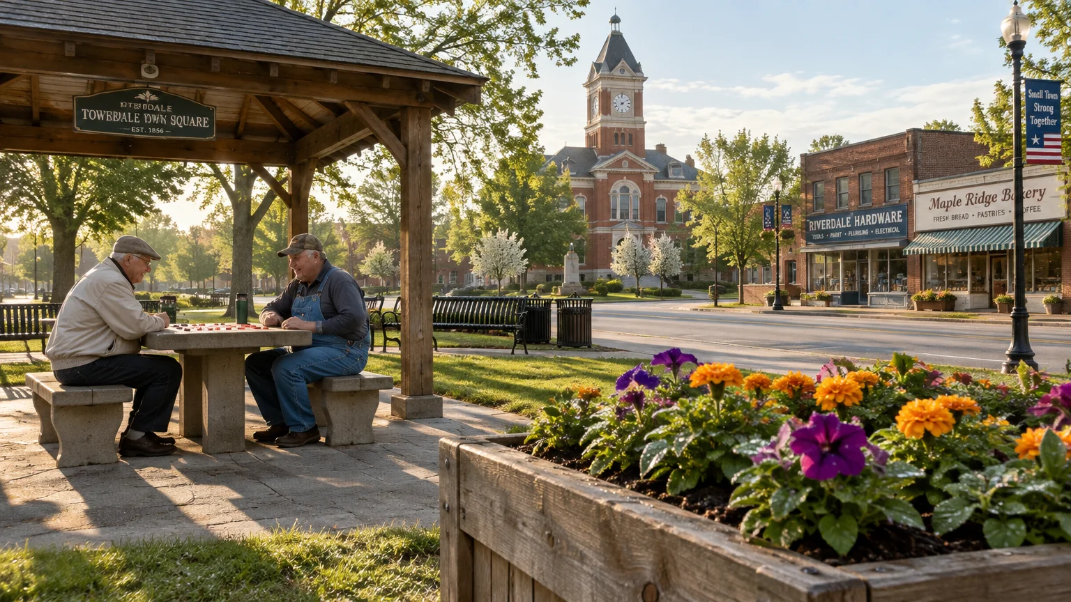 Two men play checkers under a gazebo in a sunny town square with a brick clock tower and storefronts.