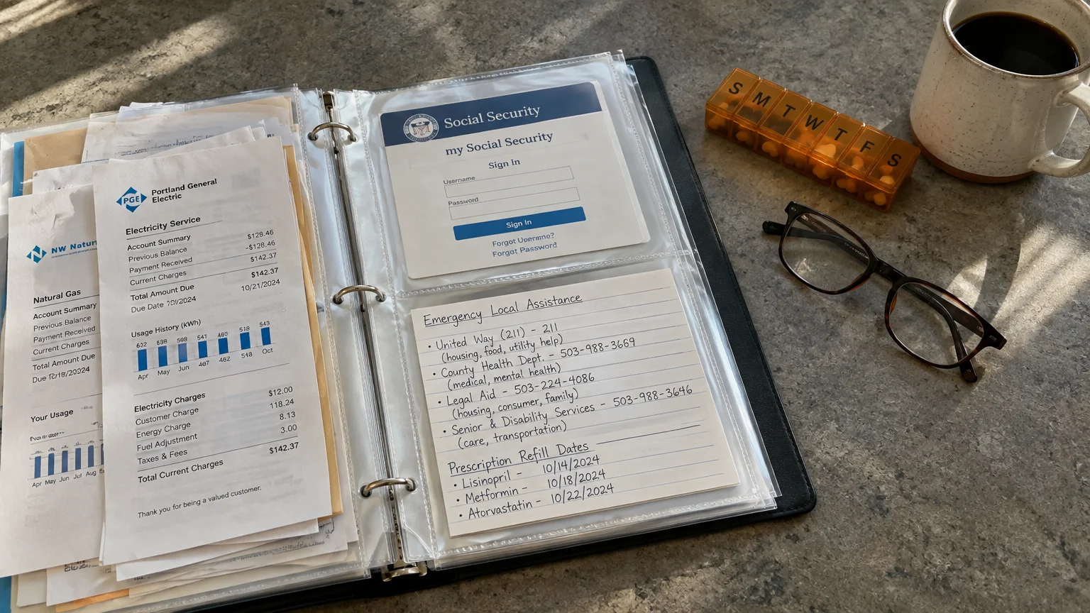Open binder with utility bills, Social Security login printout, emergency assistance notes, eyeglasses, and pill organizer.