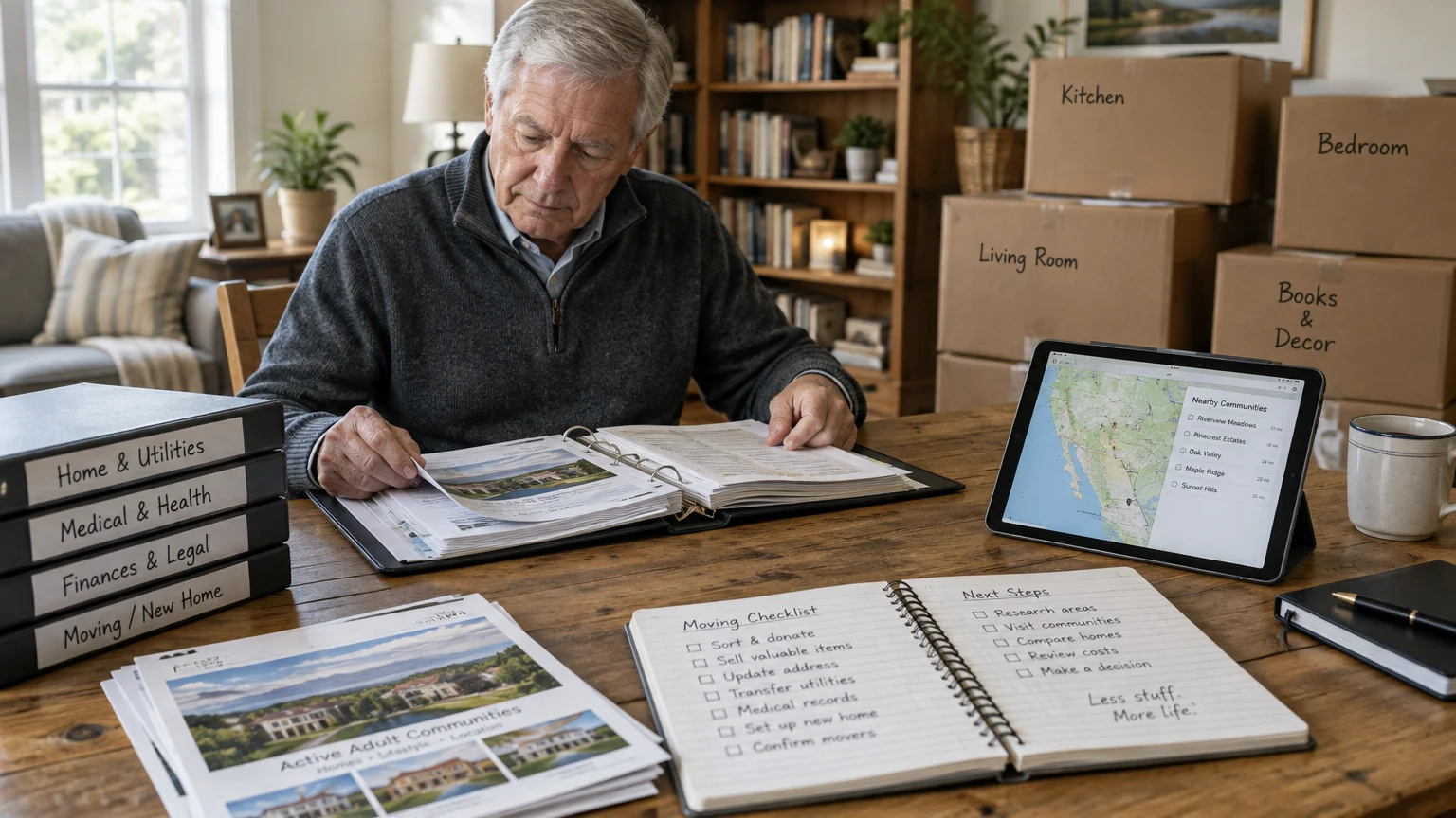 Senior man at a table with moving checklists, binders, and a tablet map surrounded by labeled cardboard packing boxes.