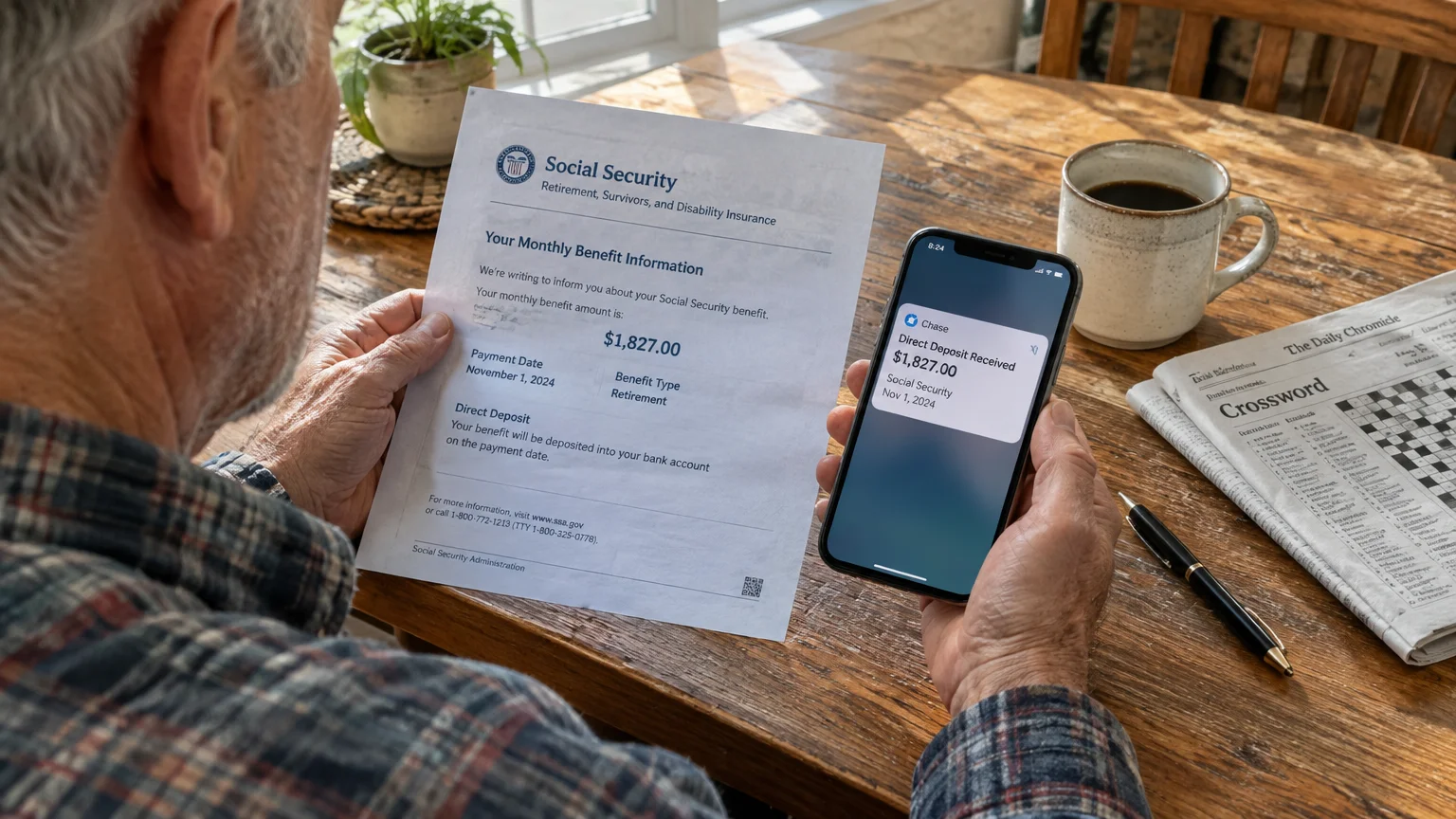 A man holds a Social Security benefit letter in one hand and a smartphone showing a direct deposit notification in the other.