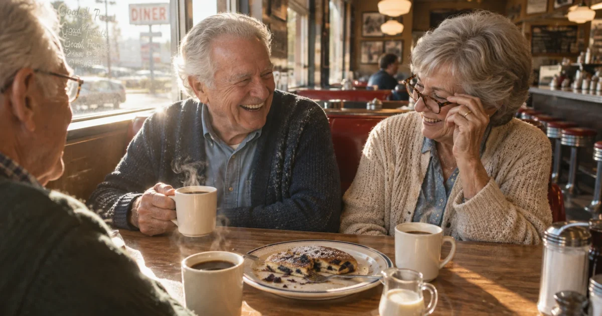 Three smiling senior friends sit at a diner booth sharing hot coffee and a plate of pancakes.