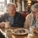 Three smiling senior friends sit at a diner booth sharing hot coffee and a plate of pancakes.