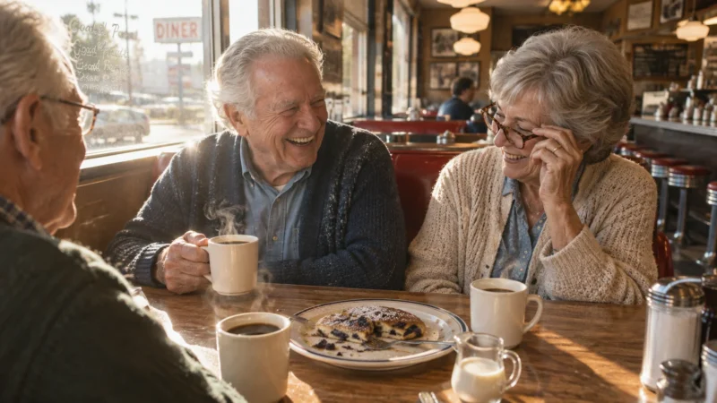 Three smiling senior friends sit at a diner booth sharing hot coffee and a plate of pancakes.