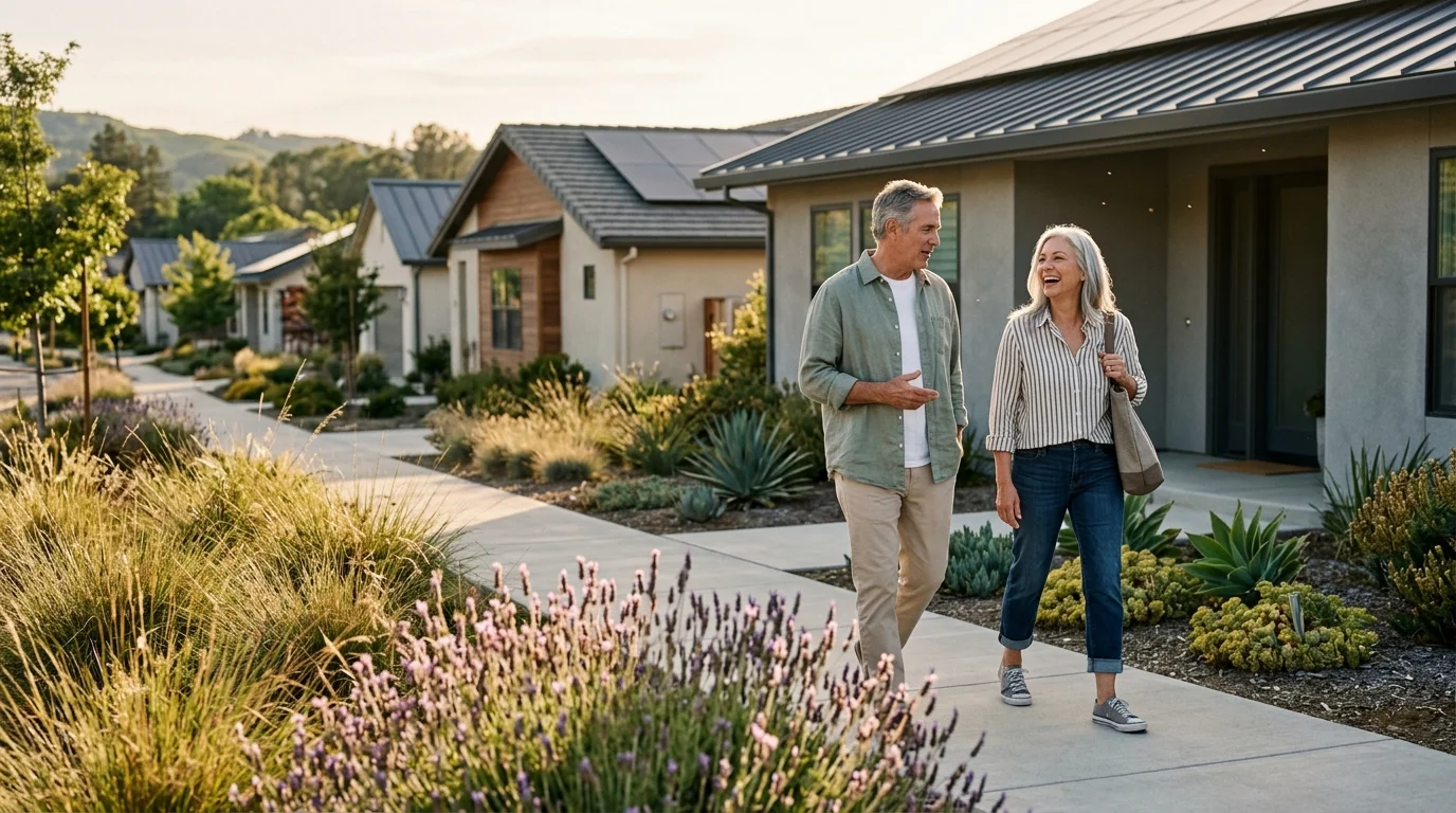 An older couple smiles and walks along a paved sidewalk past modern houses and landscaped gardens.