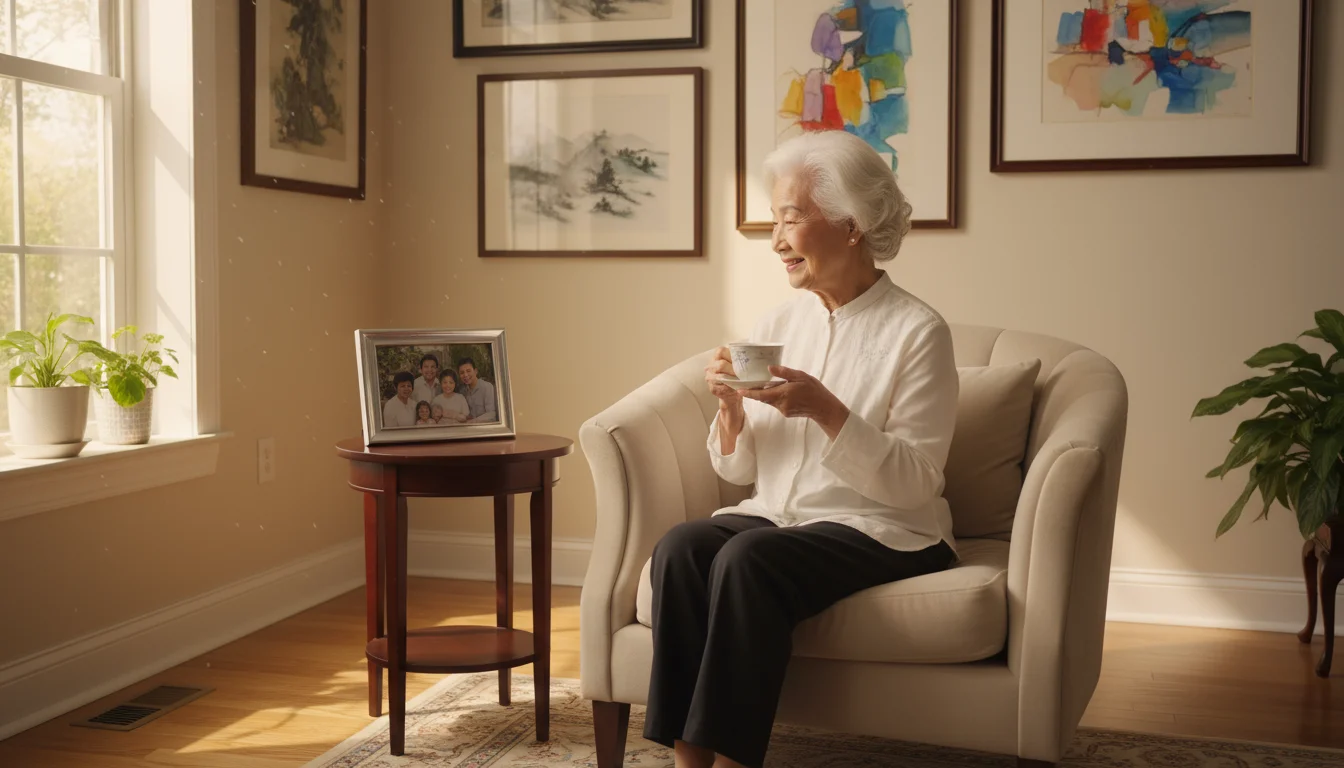 An older Asian woman sips tea, smiling at a family photo in her cozy, sunlit living room corner, surrounded by personal touches.