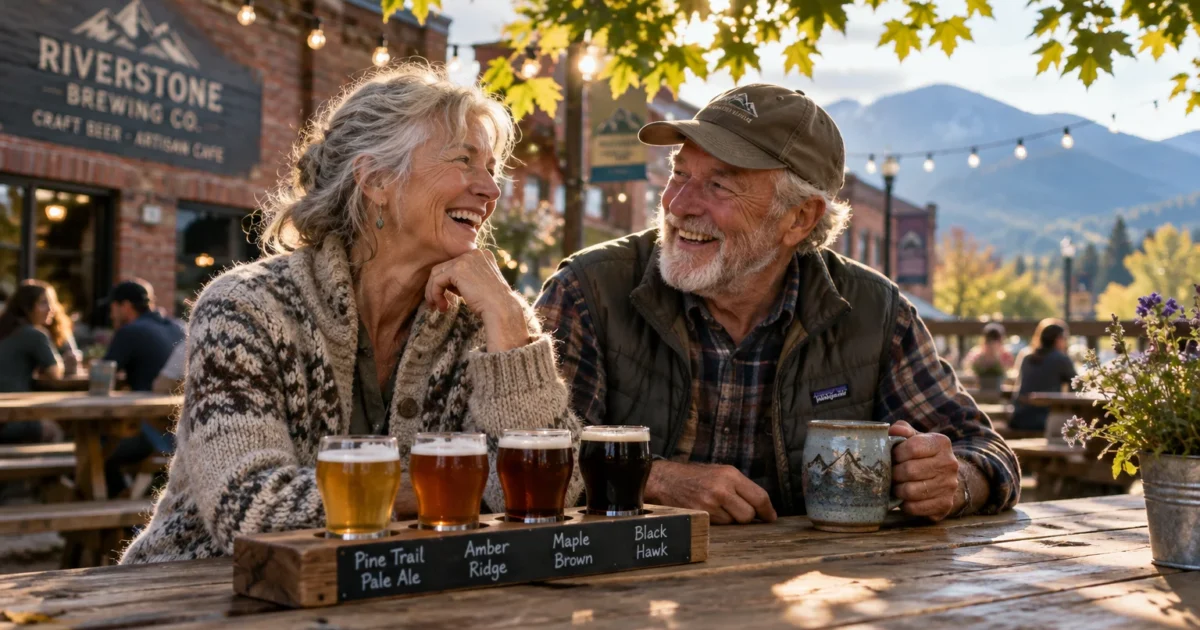 Smiling senior couple sitting at an outdoor wooden table with a beer flight sampler and a ceramic mug outside a brewery.
