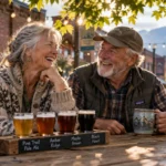 Smiling senior couple sitting at an outdoor wooden table with a beer flight sampler and a ceramic mug outside a brewery.