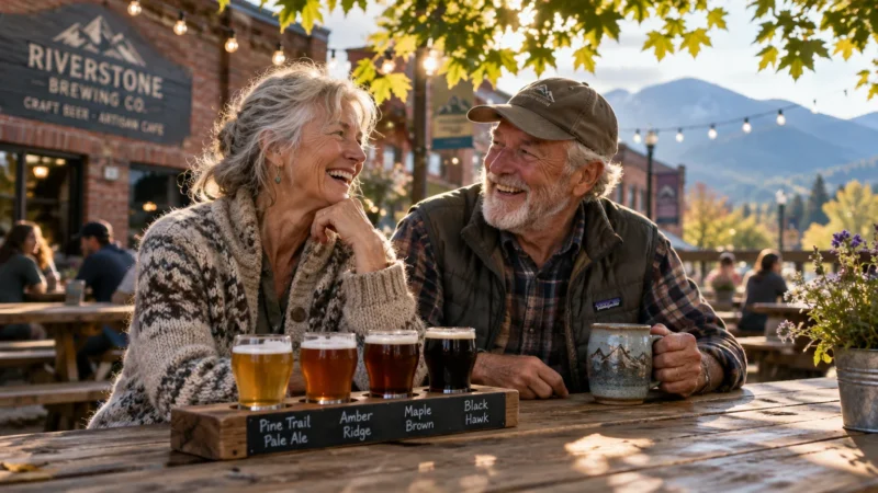 Smiling senior couple sitting at an outdoor wooden table with a beer flight sampler and a ceramic mug outside a brewery.