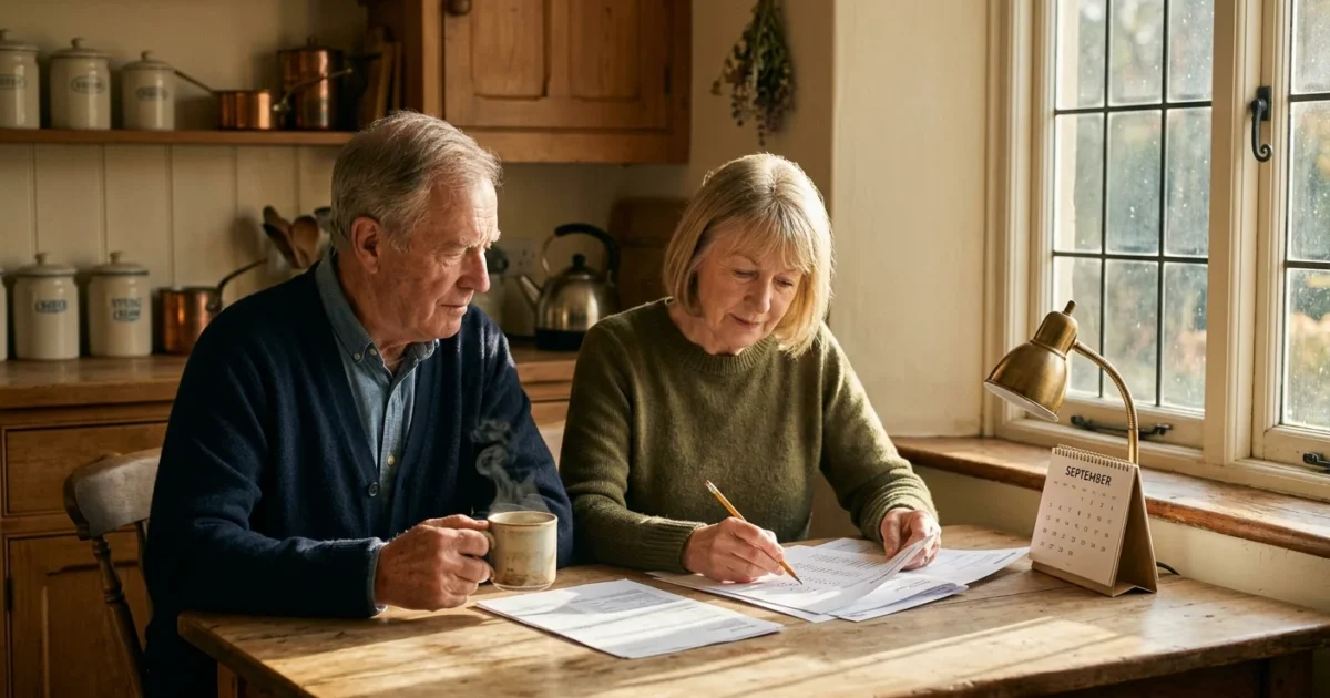 An older couple sitting at a wooden table reviewing paperwork next to a calendar open to September and a steaming mug.
