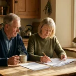 An older couple sitting at a wooden table reviewing paperwork next to a calendar open to September and a steaming mug.