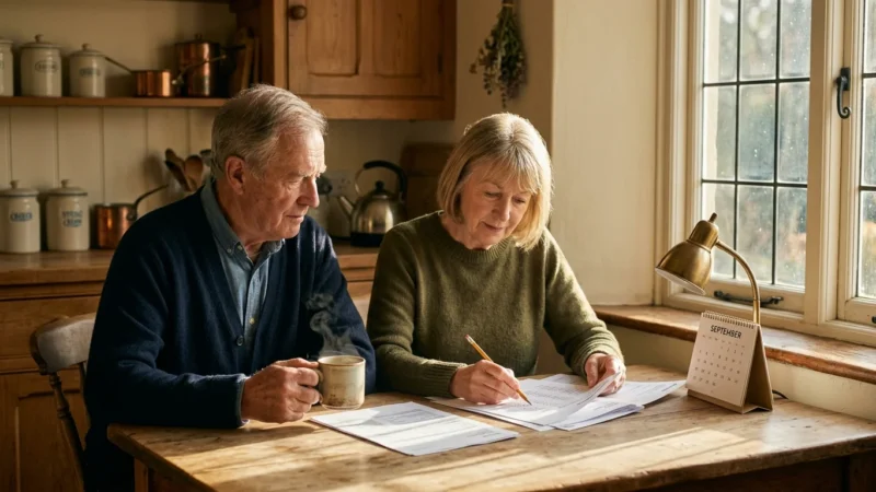 An older couple sitting at a wooden table reviewing paperwork next to a calendar open to September and a steaming mug.