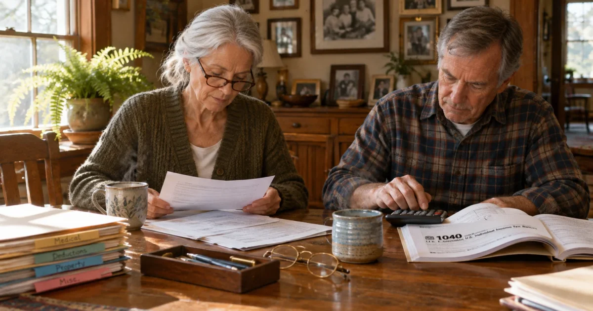 Senior couple sitting at a wooden dining table reviewing tax documents, a 1040 form, and using a calculator.