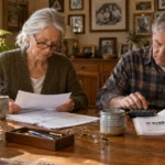 Senior couple sitting at a wooden dining table reviewing tax documents, a 1040 form, and using a calculator.
