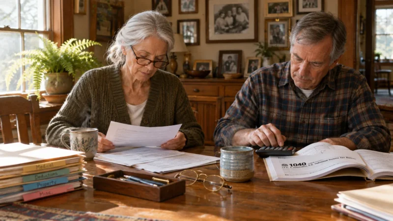 Senior couple sitting at a wooden dining table reviewing tax documents, a 1040 form, and using a calculator.