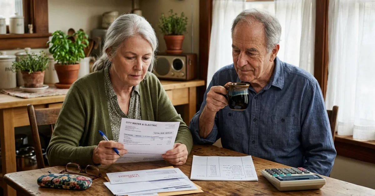 An older couple sits at a wooden table reviewing paper utility bills and documents beside a calculator.