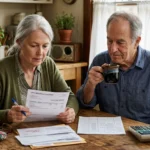 An older couple sits at a wooden table reviewing paper utility bills and documents beside a calculator.