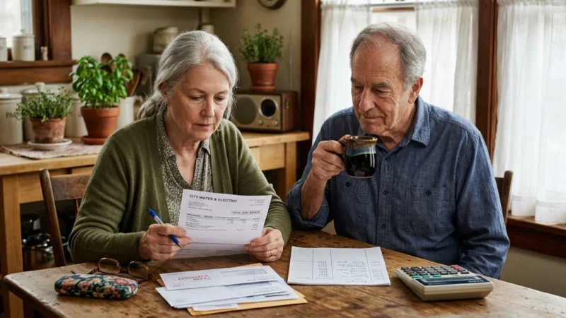 An older couple sits at a wooden table reviewing paper utility bills and documents beside a calculator.