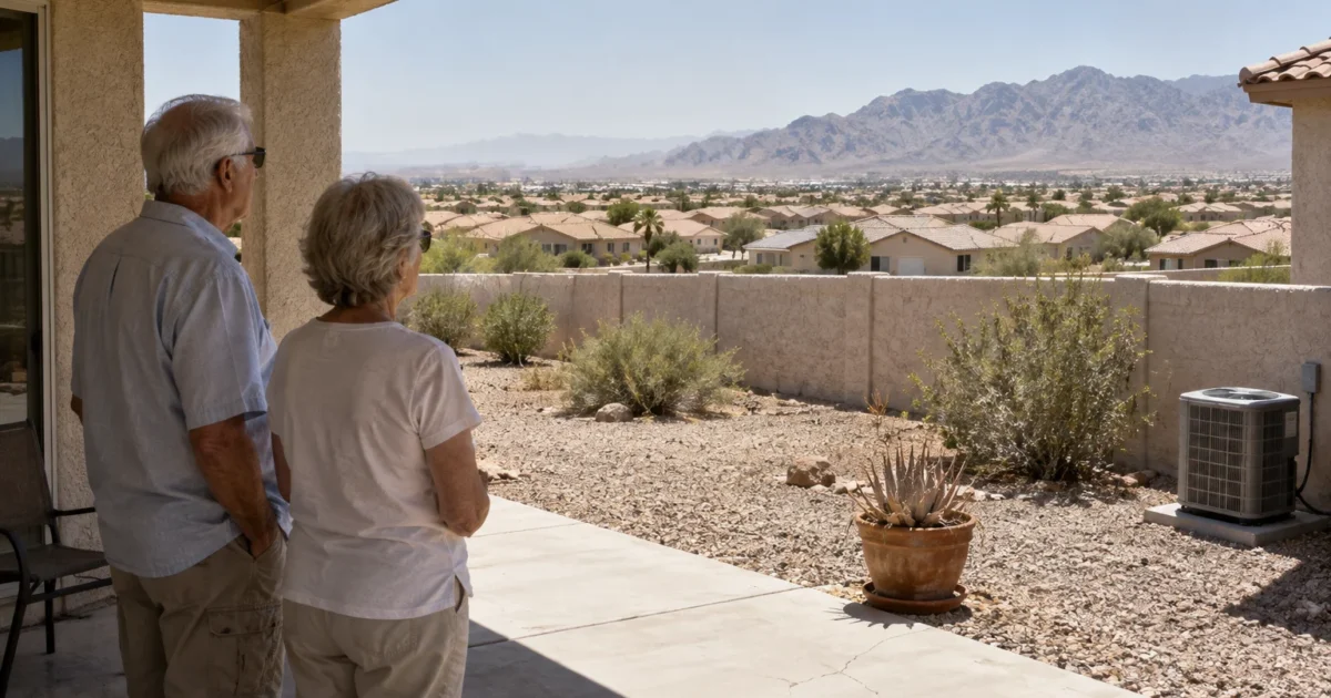 Senior man and woman standing on a patio looking out at a suburban desert neighborhood and distant mountains.