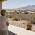 Senior man and woman standing on a patio looking out at a suburban desert neighborhood and distant mountains.