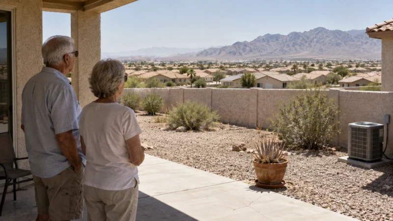 Senior man and woman standing on a patio looking out at a suburban desert neighborhood and distant mountains.